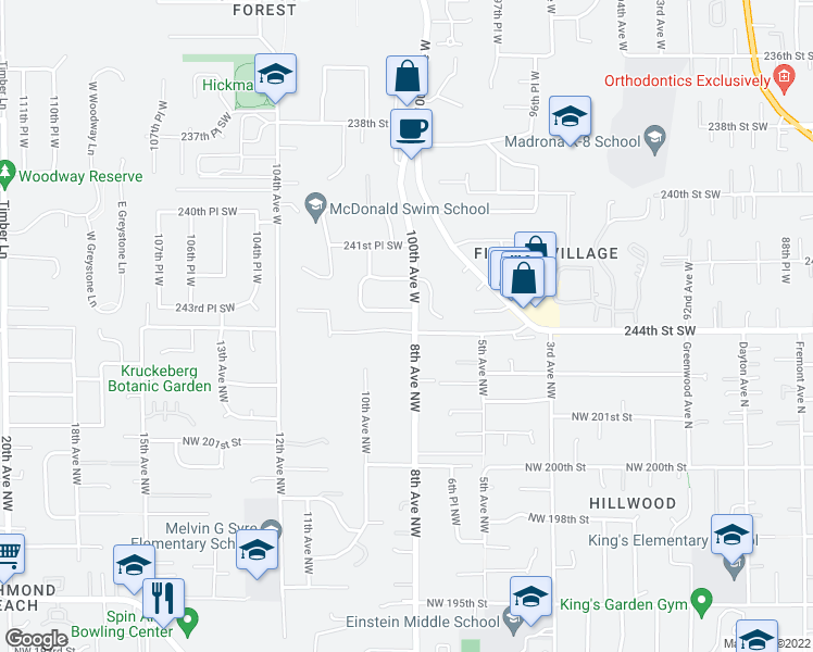 map of restaurants, bars, coffee shops, grocery stores, and more near 24324 100th Avenue West in Edmonds