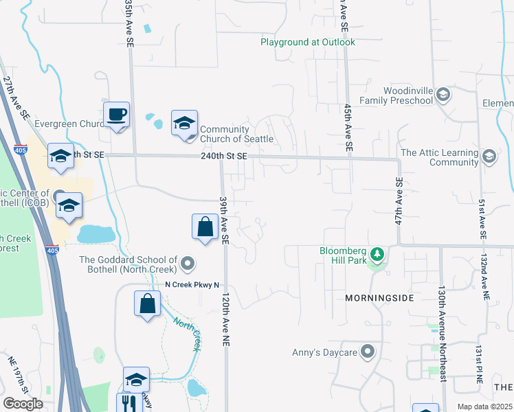 map of restaurants, bars, coffee shops, grocery stores, and more near 24207 39th Avenue Southeast in Bothell