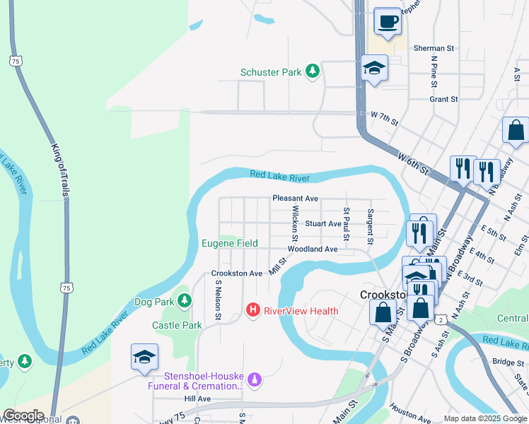 map of restaurants, bars, coffee shops, grocery stores, and more near 209 North Hubbard Street in Crookston