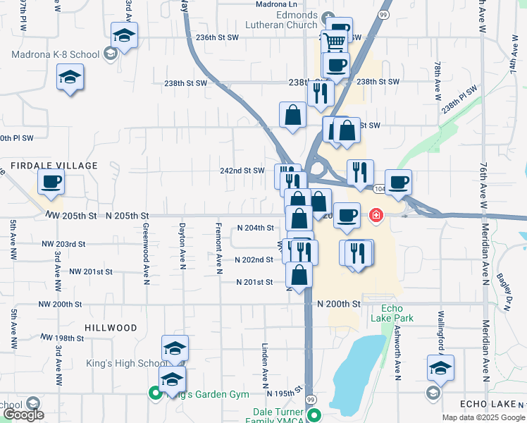 map of restaurants, bars, coffee shops, grocery stores, and more near 8601 North 205th Street in Edmonds