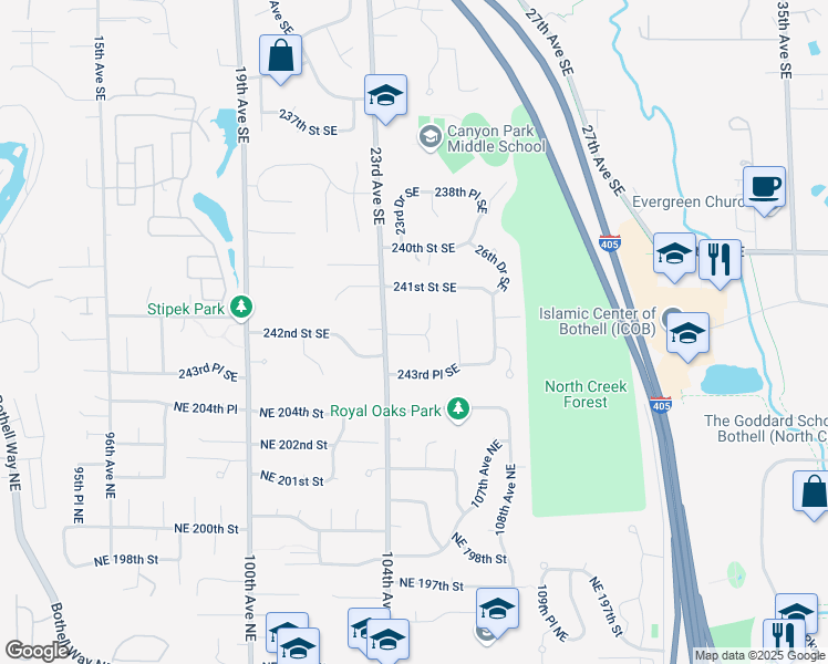 map of restaurants, bars, coffee shops, grocery stores, and more near 24217 23rd Avenue Southeast in Bothell