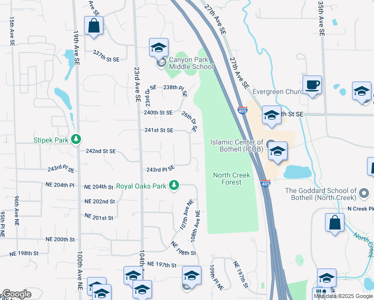 map of restaurants, bars, coffee shops, grocery stores, and more near 2622 26th Avenue Southeast in Bothell