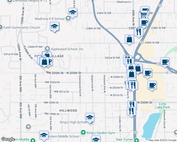 map of restaurants, bars, coffee shops, grocery stores, and more near 9101 244th Street Southwest in Edmonds