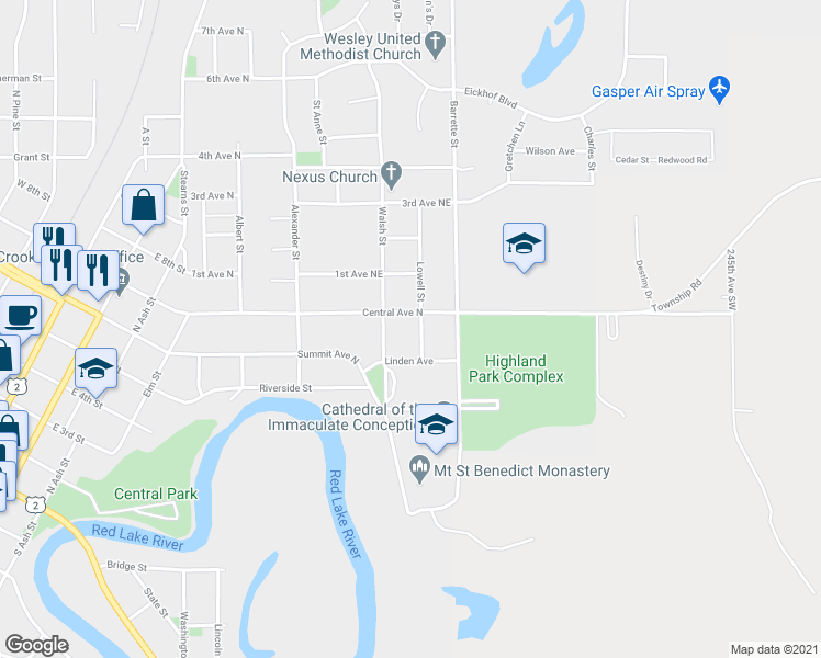 map of restaurants, bars, coffee shops, grocery stores, and more near 623 Lowell Street in Crookston