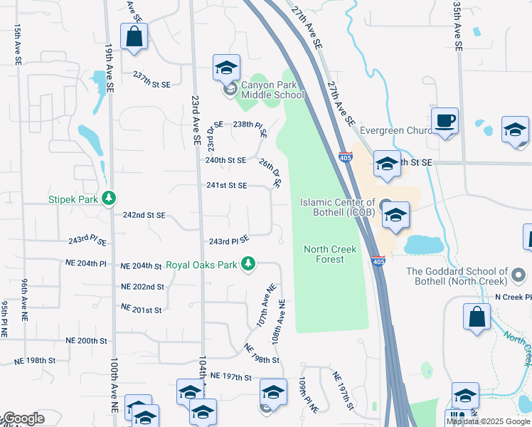 map of restaurants, bars, coffee shops, grocery stores, and more near 2622 26th Avenue Southeast in Bothell