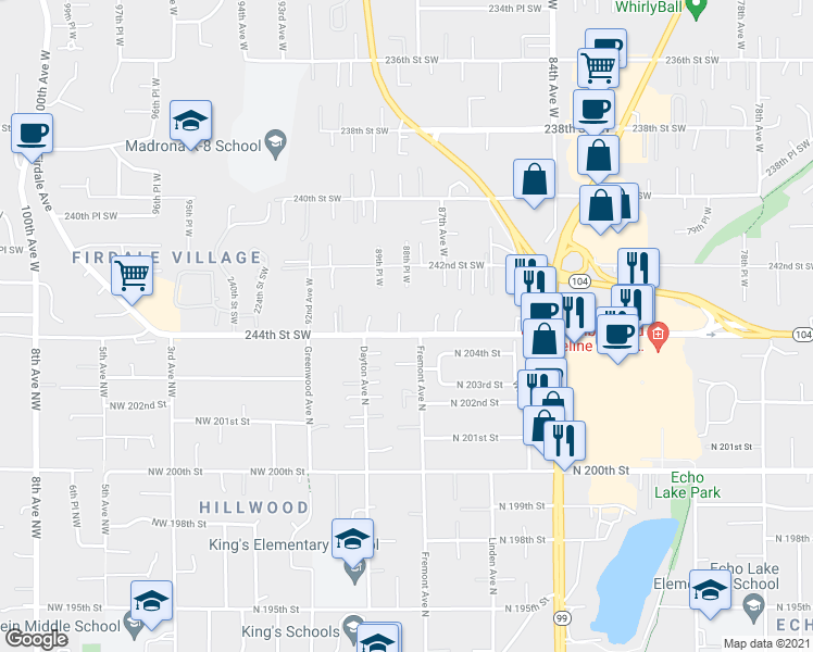map of restaurants, bars, coffee shops, grocery stores, and more near 24325 89th Place West in Edmonds