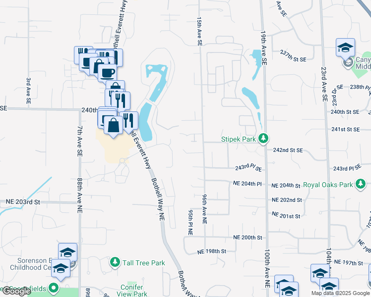 map of restaurants, bars, coffee shops, grocery stores, and more near 1417 242nd Place Southeast in Bothell