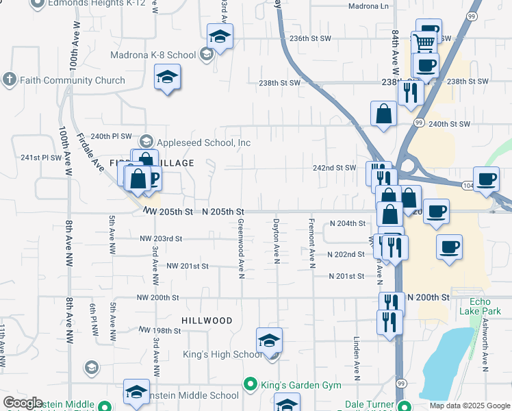 map of restaurants, bars, coffee shops, grocery stores, and more near 9101 244th Street Southwest in Edmonds