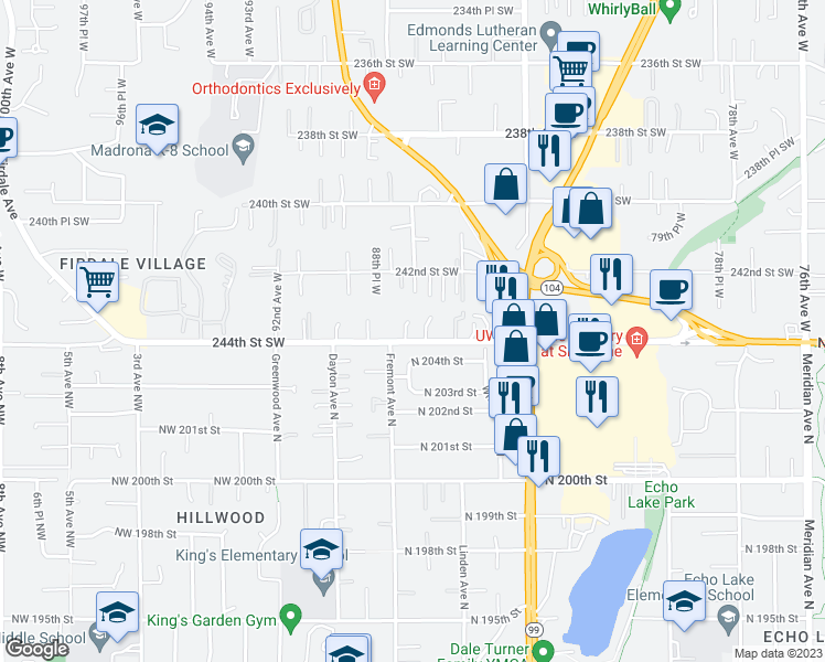 map of restaurants, bars, coffee shops, grocery stores, and more near 24325 87th Place West in Edmonds