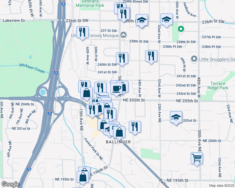 map of restaurants, bars, coffee shops, grocery stores, and more near 24304 56th Avenue West in Mountlake Terrace