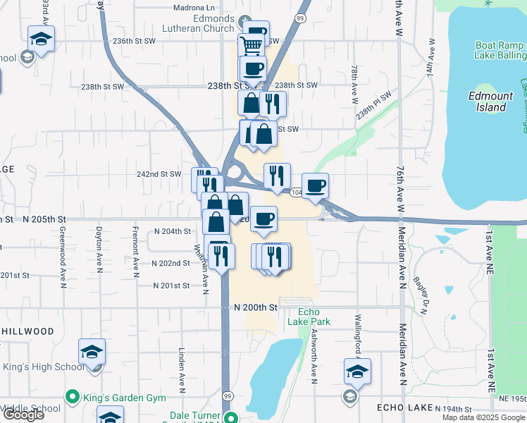 map of restaurants, bars, coffee shops, grocery stores, and more near 8129 North 205th Street in Seattle