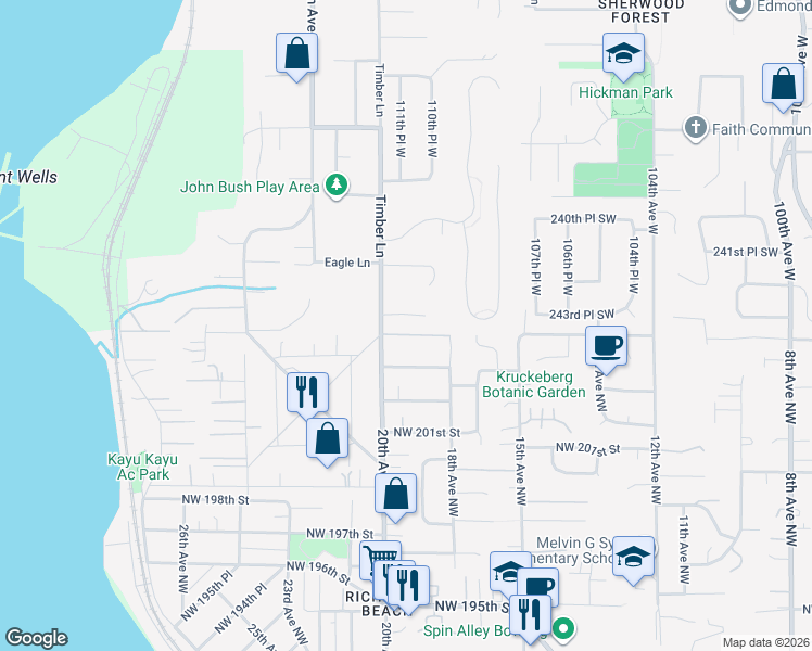 map of restaurants, bars, coffee shops, grocery stores, and more near 11110 Berry Lane in Woodway