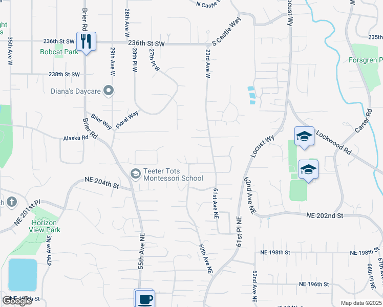 map of restaurants, bars, coffee shops, grocery stores, and more near 24226 24th Avenue West in Bothell