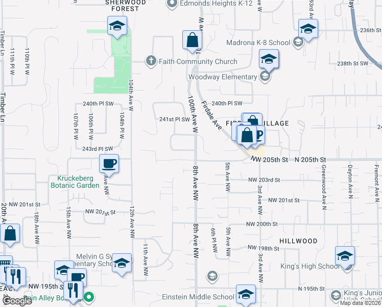 map of restaurants, bars, coffee shops, grocery stores, and more near 24324 100th Avenue West in Edmonds
