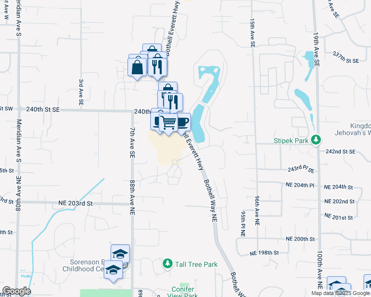 map of restaurants, bars, coffee shops, grocery stores, and more near 24134 Bothell Everett Highway in Bothell