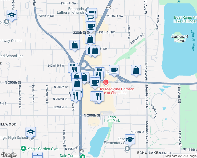 map of restaurants, bars, coffee shops, grocery stores, and more near 8129 North 205th Street in Seattle