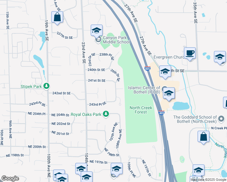 map of restaurants, bars, coffee shops, grocery stores, and more near 2622 26th Avenue Southeast in Bothell
