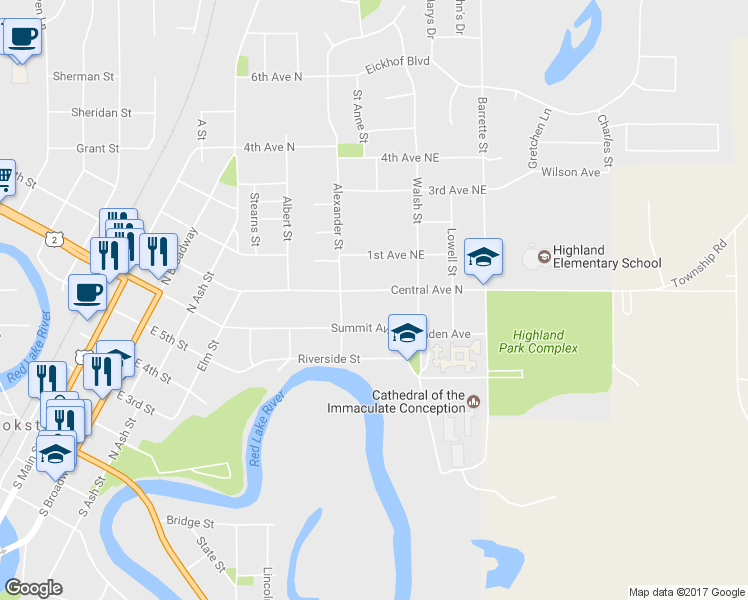 map of restaurants, bars, coffee shops, grocery stores, and more near 526 Central Avenue North in Crookston
