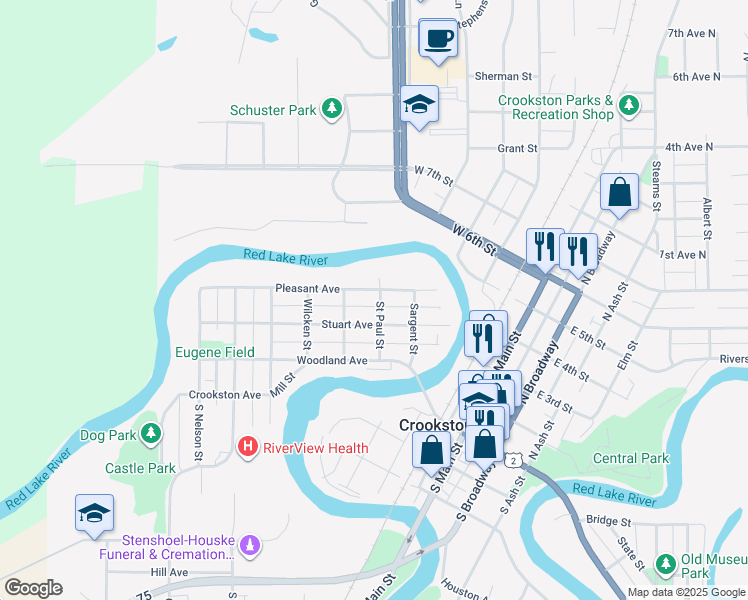 map of restaurants, bars, coffee shops, grocery stores, and more near 501 Pleasant Avenue in Crookston