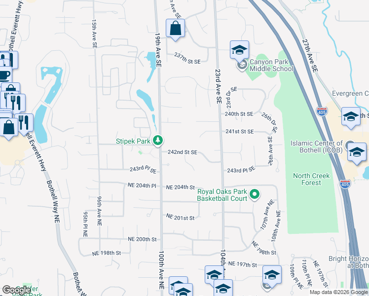 map of restaurants, bars, coffee shops, grocery stores, and more near 2025 242nd Street Southeast in Bothell