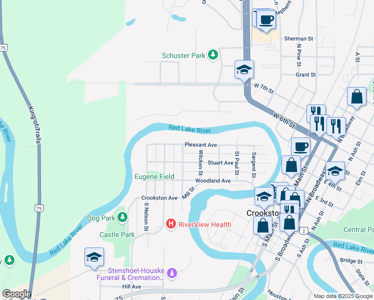map of restaurants, bars, coffee shops, grocery stores, and more near 209 North Hubbard Street in Crookston