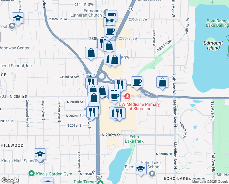 map of restaurants, bars, coffee shops, grocery stores, and more near 8129 North 205th Street in Seattle