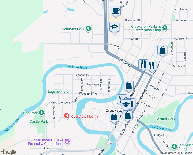 map of restaurants, bars, coffee shops, grocery stores, and more near 501 Pleasant Avenue in Crookston
