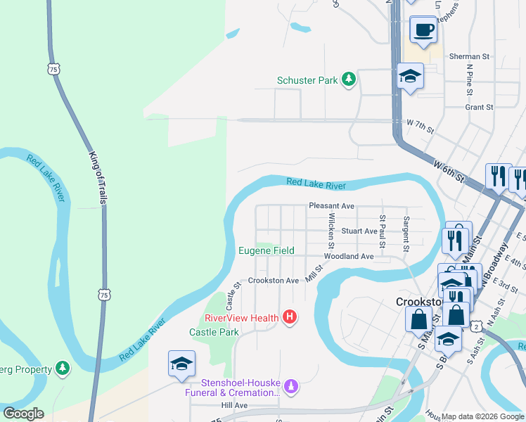 map of restaurants, bars, coffee shops, grocery stores, and more near 209 North Nelson Street in Crookston