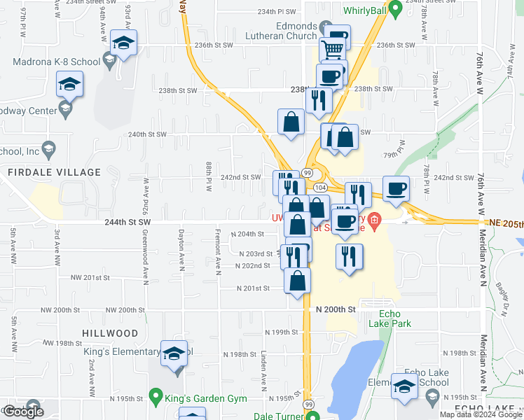 map of restaurants, bars, coffee shops, grocery stores, and more near 8603 244th Street Southwest in Edmonds