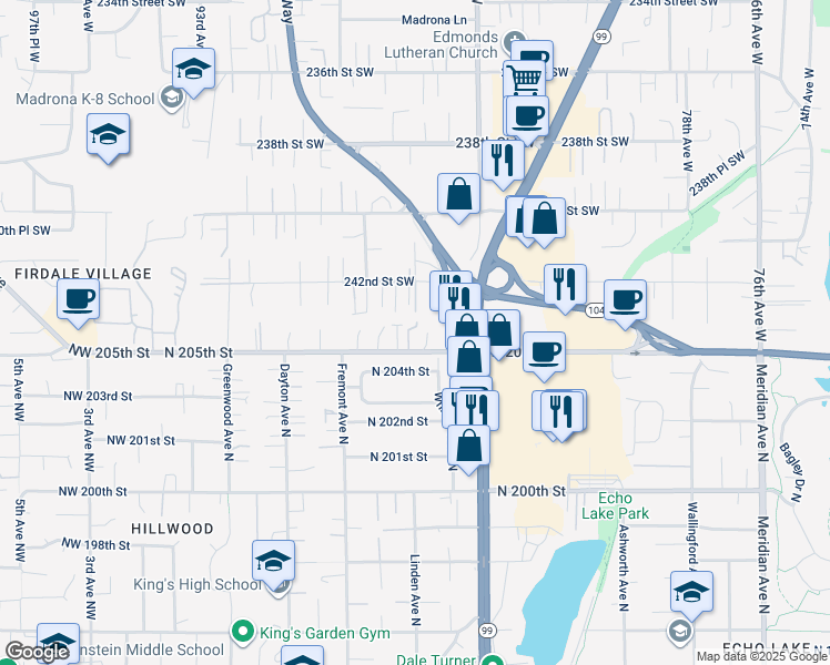 map of restaurants, bars, coffee shops, grocery stores, and more near 8603 244th Street Southwest in Edmonds