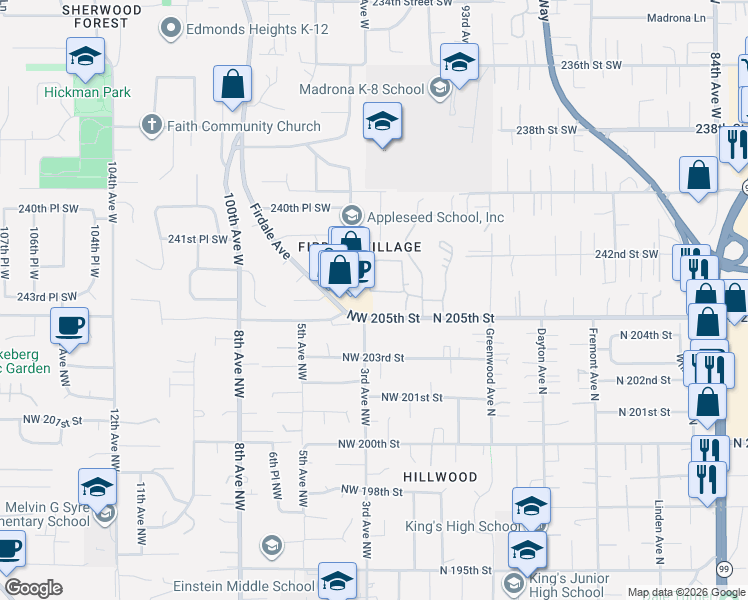 map of restaurants, bars, coffee shops, grocery stores, and more near 9529 244th Street Southwest in Edmonds