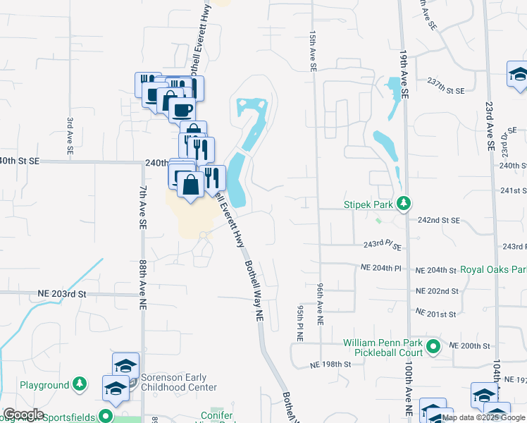map of restaurants, bars, coffee shops, grocery stores, and more near 24322 13 Avenue Southeast in Bothell