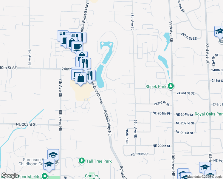 map of restaurants, bars, coffee shops, grocery stores, and more near 24334 13 Avenue Southeast in Bothell