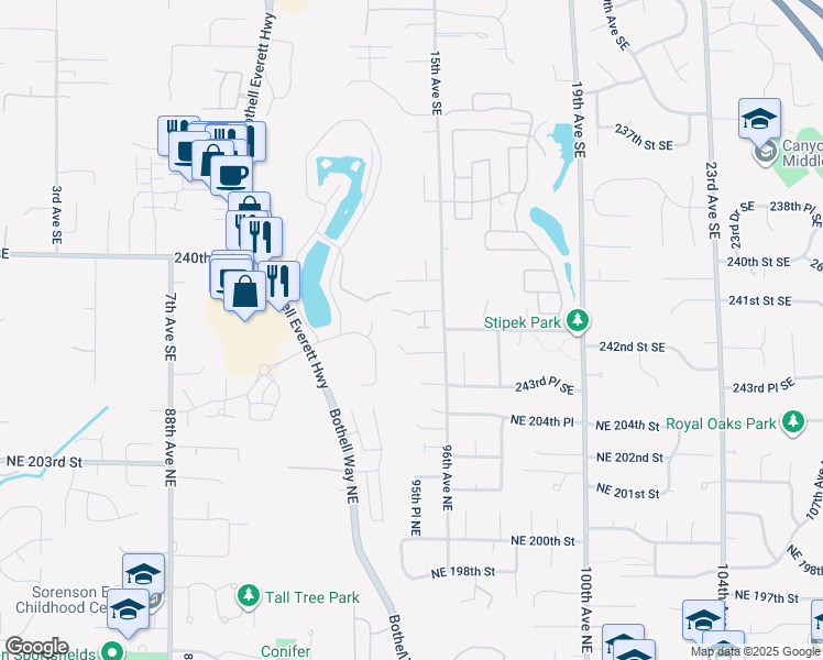 map of restaurants, bars, coffee shops, grocery stores, and more near 1417 242nd Place Southeast in Bothell