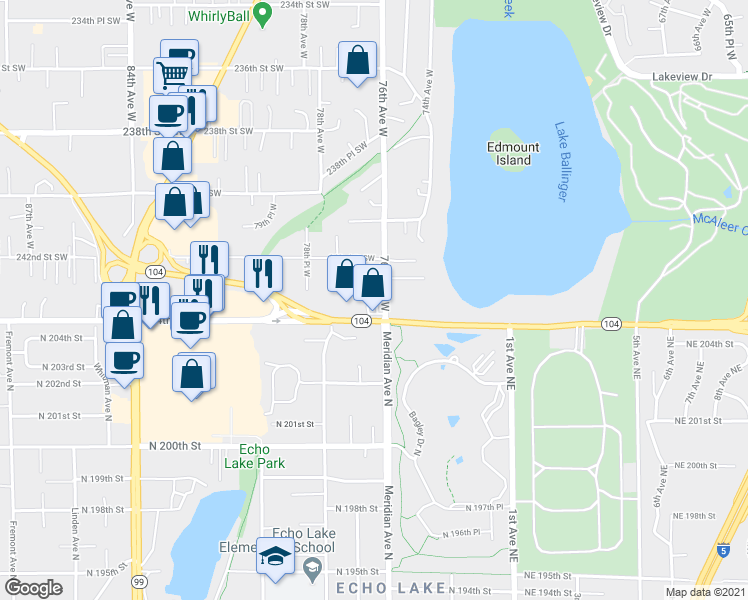 map of restaurants, bars, coffee shops, grocery stores, and more near 7601 Lake Ballinger Way in Edmonds