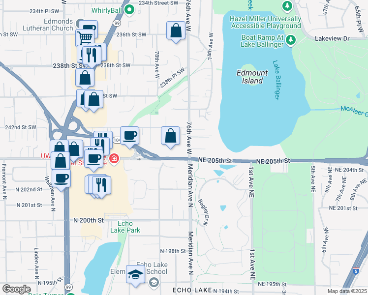 map of restaurants, bars, coffee shops, grocery stores, and more near 24340 76th Avenue West in Edmonds