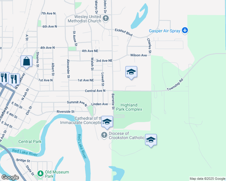map of restaurants, bars, coffee shops, grocery stores, and more near 801 Central Avenue North in Crookston