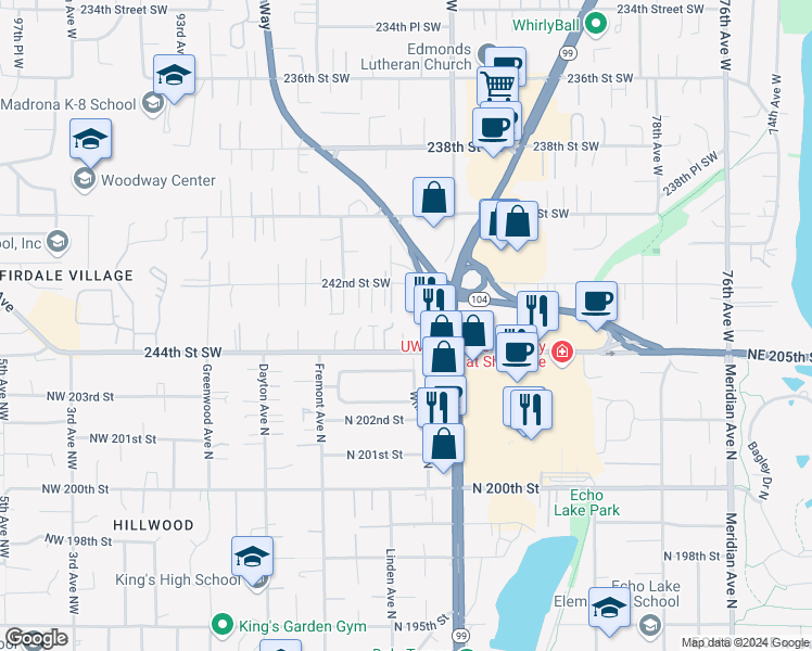 map of restaurants, bars, coffee shops, grocery stores, and more near 8425 244th Street Southwest in Edmonds