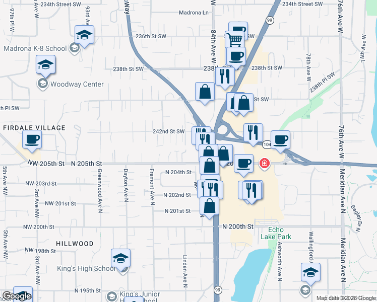 map of restaurants, bars, coffee shops, grocery stores, and more near 8601 North 205th Street in Edmonds