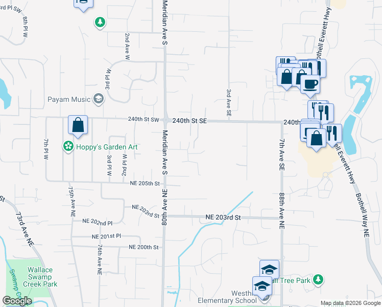 map of restaurants, bars, coffee shops, grocery stores, and more near 23822 1st Avenue Southeast in Bothell