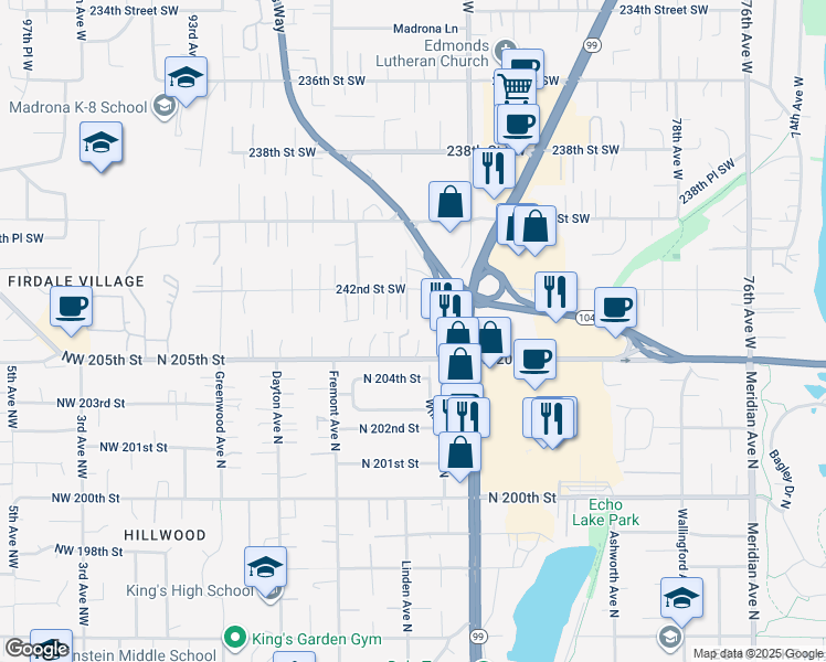 map of restaurants, bars, coffee shops, grocery stores, and more near 8601 North 205th Street in Edmonds