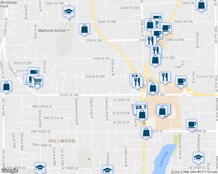 map of restaurants, bars, coffee shops, grocery stores, and more near 24325 87th Place West in Edmonds