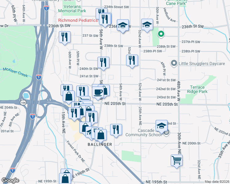 map of restaurants, bars, coffee shops, grocery stores, and more near 24222 54th Avenue West in Mountlake Terrace