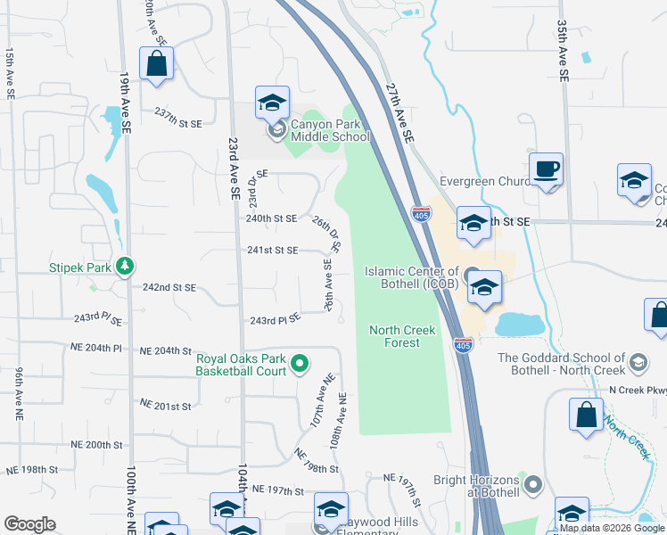 map of restaurants, bars, coffee shops, grocery stores, and more near 2622 26th Avenue Southeast in Bothell