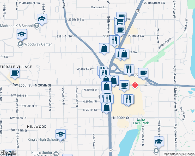 map of restaurants, bars, coffee shops, grocery stores, and more near 8425 244th Street Southwest in Edmonds