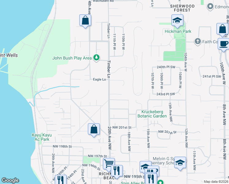 map of restaurants, bars, coffee shops, grocery stores, and more near 11110 Berry Lane in Woodway