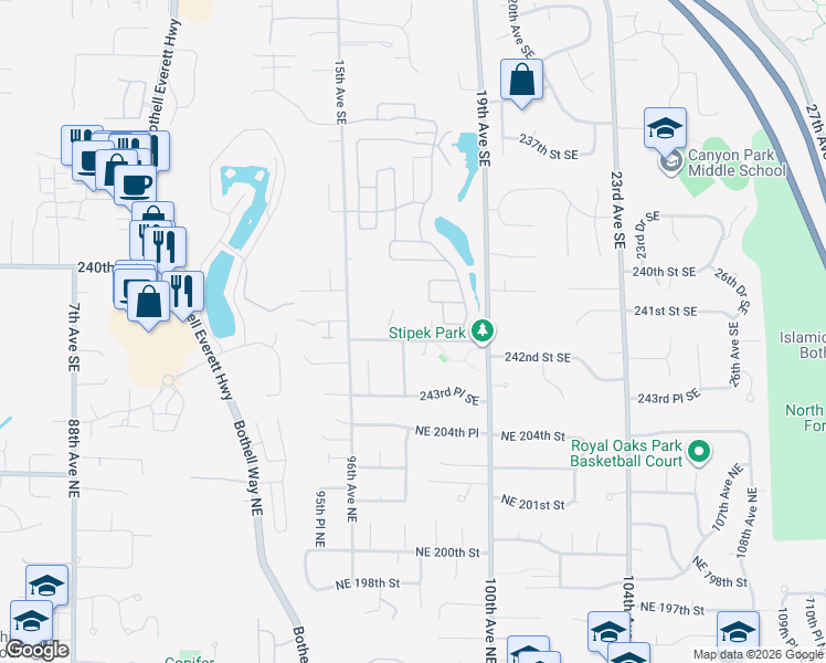 map of restaurants, bars, coffee shops, grocery stores, and more near 1706 242nd Street Southeast in Bothell
