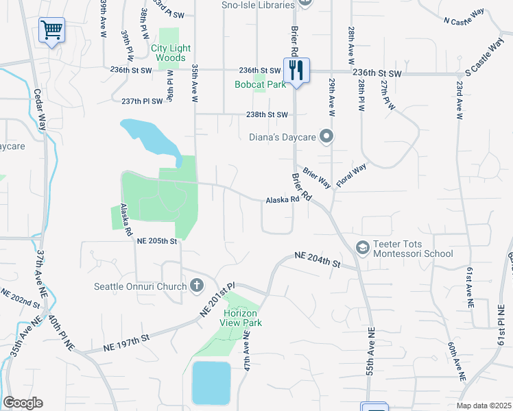 map of restaurants, bars, coffee shops, grocery stores, and more near 3227 Alaska Road in Brier