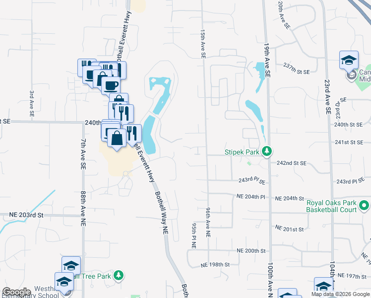 map of restaurants, bars, coffee shops, grocery stores, and more near 1408 241st Street Southeast in Bothell