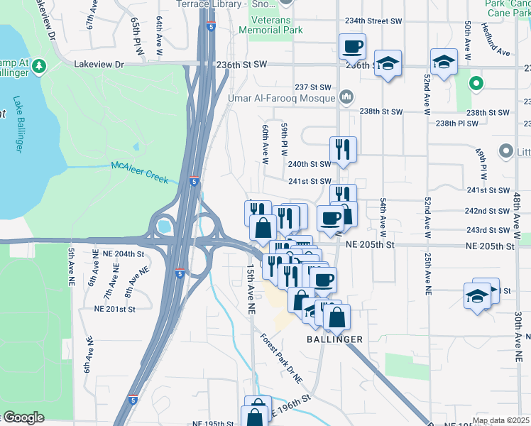 map of restaurants, bars, coffee shops, grocery stores, and more near 5907 242nd Street Southwest in Mountlake Terrace